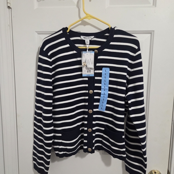 Nine West Sweaters - Nine West Women's Cardigan, Navy/White Stripe - Large